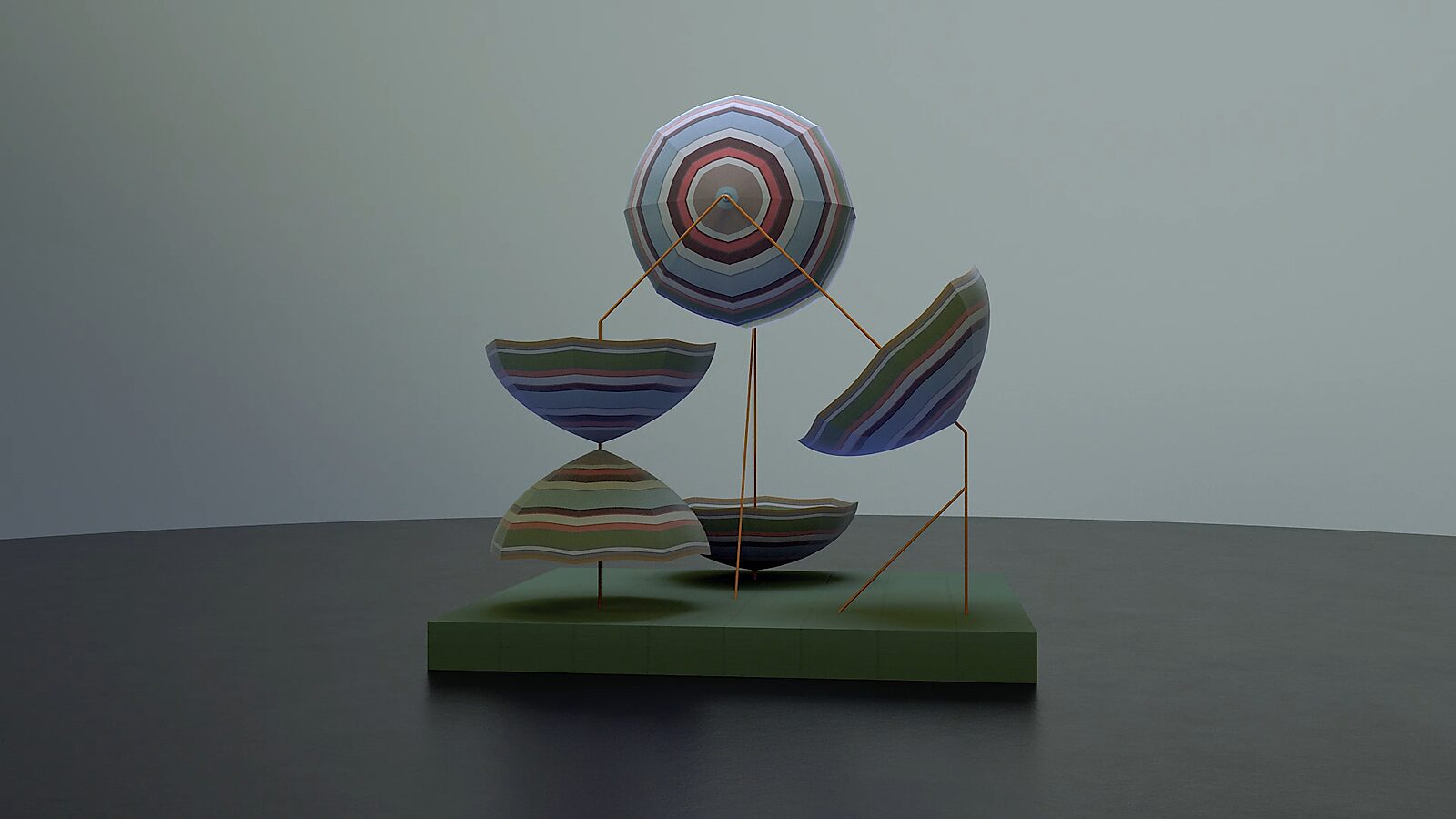 Paraplu — videostill uit een 3D-animatie: een sculpturale compositie van gestreepte vormen op dunne metalen stangen rond een open paraplu, opgesteld op een groen platform.