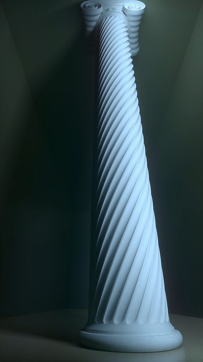 Virtual Transformation — Spiral of Power: video still from a 3D animation of a classical column; the twist reaches its peak, the flutes form a dynamic spiral and the column appears as a rotating axis of energy in a deep blue space.
