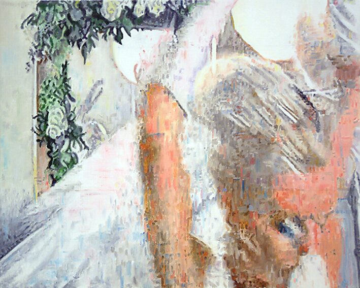 Television Series, Frozen Action — The Bride — painting in which a bride is captured in a falling movement; the body and surroundings appear displaced as if several fractions of the motion are visible at once.