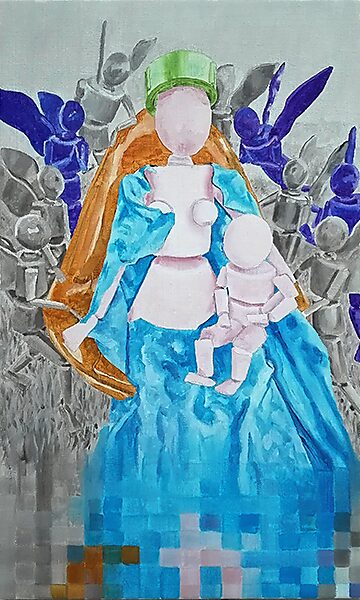 Madonna in flux — oil painting based on a video still from the 3D animation, presenting the Madonna and child as simplified figures surrounded by seraphim, translated into painterly material through cool blue and grey colour fields.