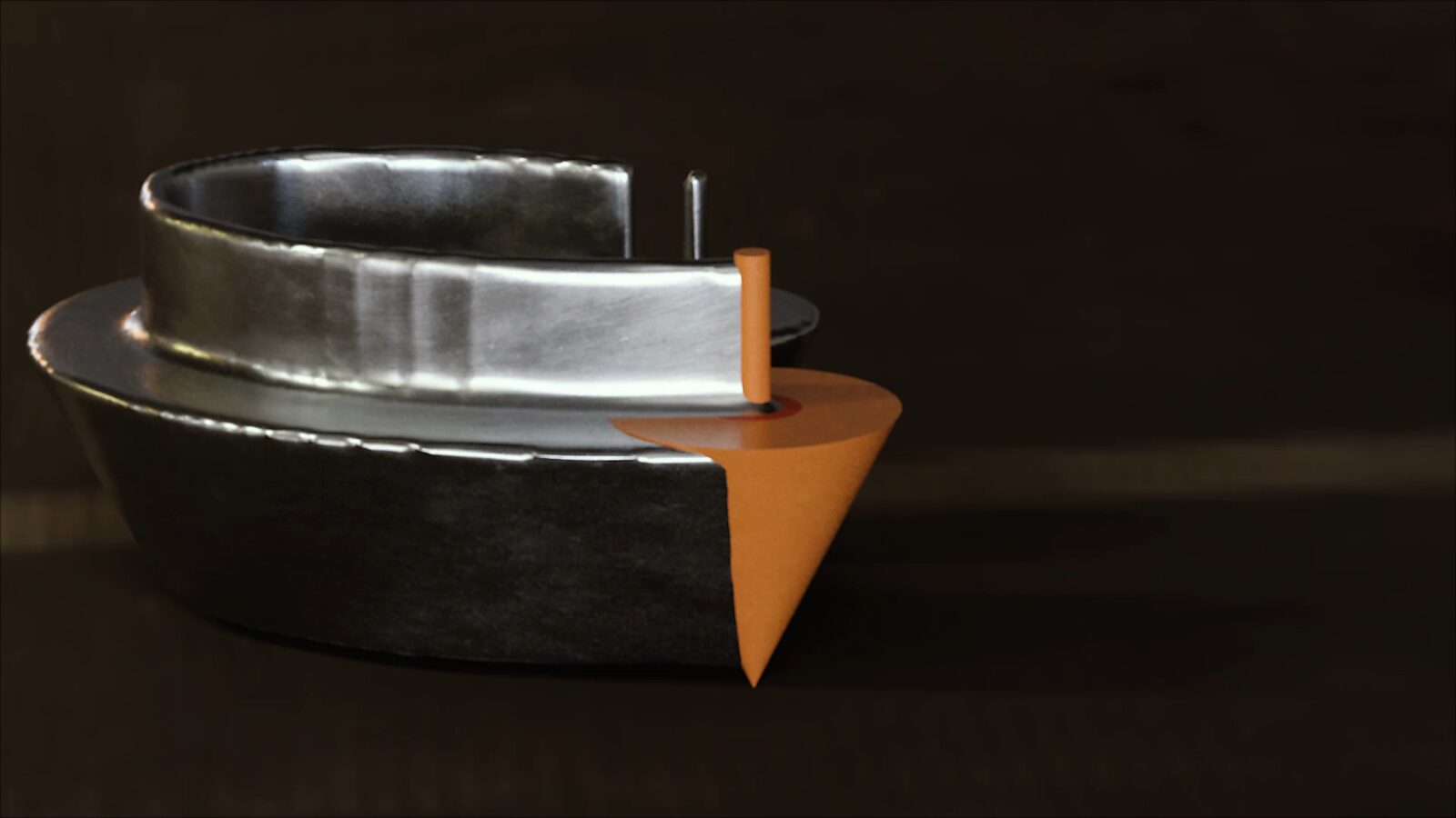 Every Movement Creates a Form No. 4 — video still showing a top in continuous rotation, where motion itself becomes readable as a sculptural form in time.