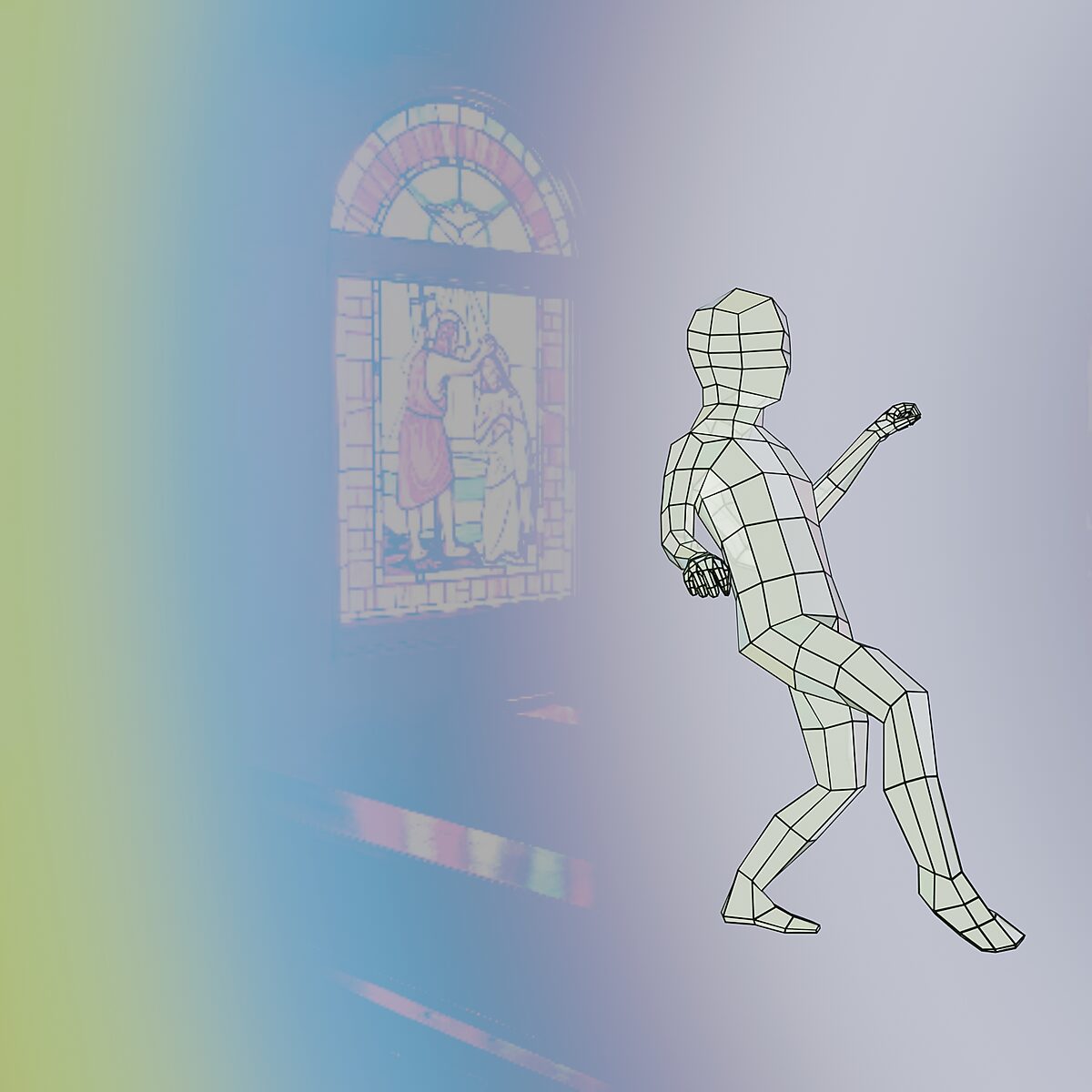 Virtual grids, process test — digital grid figure in leaning-back pose, movement study with projected background.