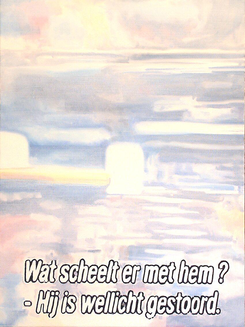 Televisie series, Ondertitelde werkelijkheden — vervaagde televisiescène met ondertitel “Wat scheelt er met hem? – Hij is wellicht gestoord.”; het schilderij benadrukt hoe taal en beeld uit televisiedialogen een zelfstandige visuele compositie vormen.