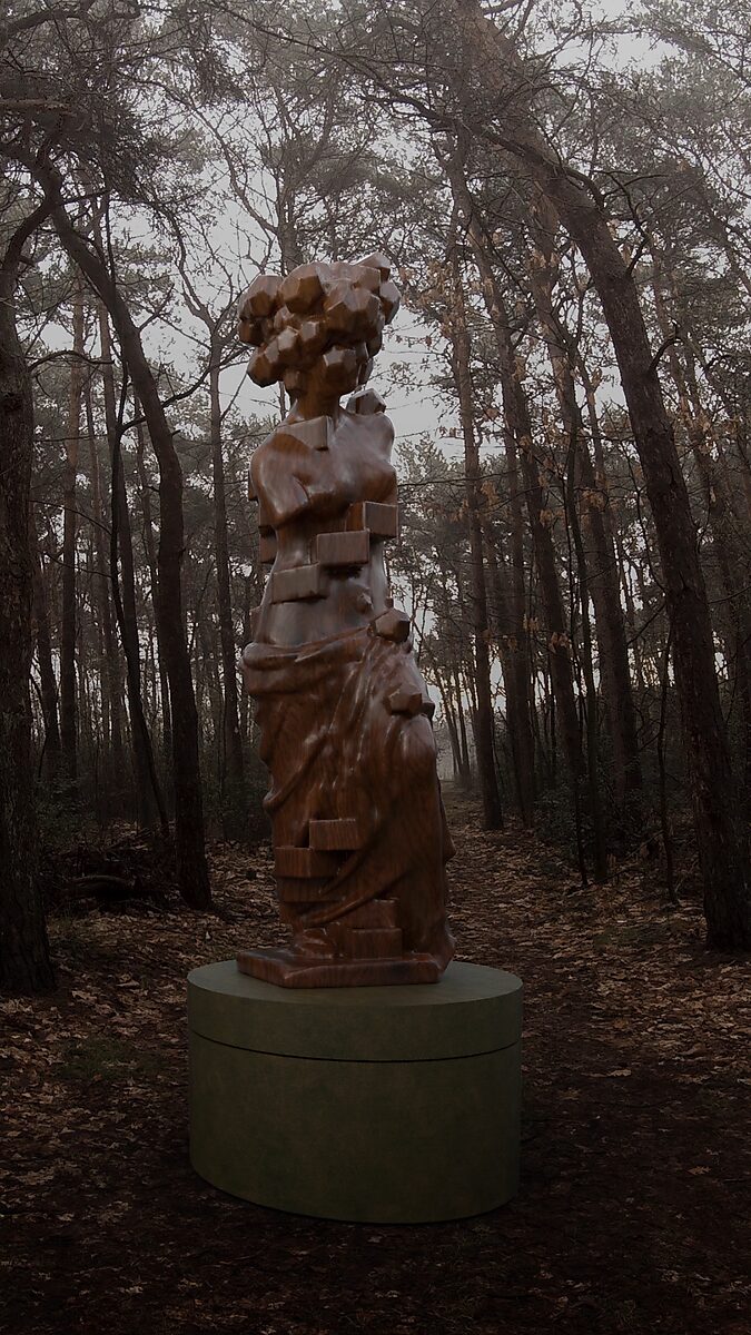 Virtuele transformatie — De lades van Venus: videostill uit een 3D-animatie, variatie op Dalí’s Venus van Milo met laden; de figuur stabiliseert in een nieuwe configuratie, een hybride tussen klassieke sculptuur en architectonische structuur, geplaatst in