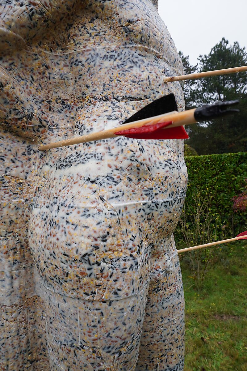 St. Sebastian with Birds No. 3 — detail photo of an arrow passing through the body of the sculpture, showing the mixture of fat and birdseed.