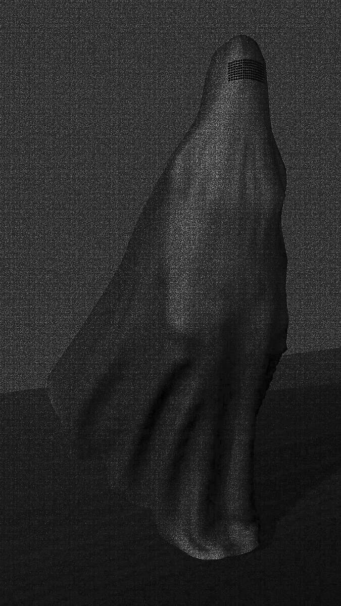 Carried by the Wind — video still in which the dark veil is pulled to one side, making the movement of wind visible in the folds of the fabric.