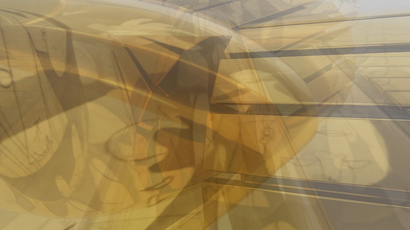 Virtual Transformation — The Economy of Silence: video still from a 3D animation; a golden tank moves through a space of semi-transparent blocks where drawn forms remain fragmented.