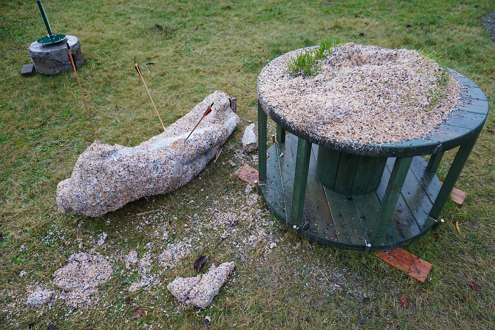 St. Sebastian with Birds No. 3 — process photo after two months in which the support structure has broken and the sculpture lies partly on the ground.
