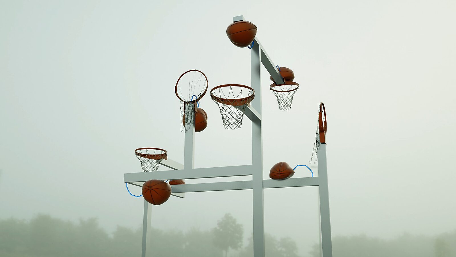 Basketbal in balans — Wachtende Shots — videostill 3D-animatie sculptuur: de structuur spreidt zich uit met meerdere uitsteeksels waarop basketballen rusten of vervormen, terwijl kabels subtiel spanning suggereren.