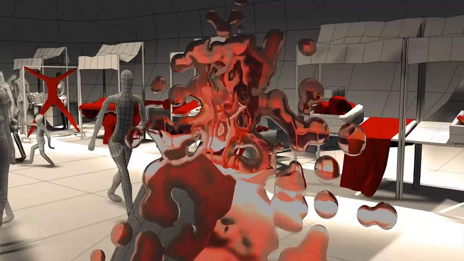 The Meat Market — video still showing a wider view of a digital marketplace where wireframed figures move among stalls; red-colored bodies and fragments lie on the tables, blurring the boundary between consumer and commodity.
