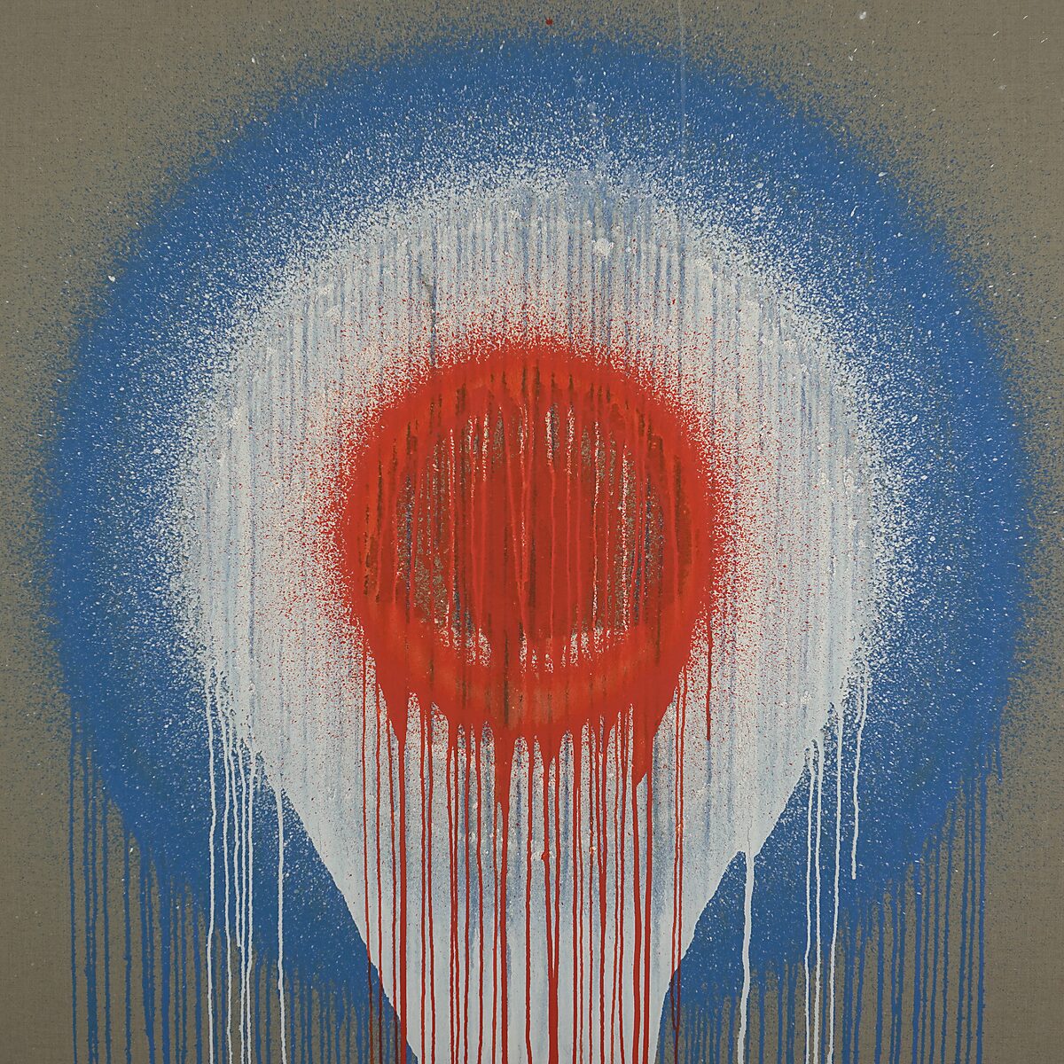 Smeltende doelen nr. 3 — schilderij met rode kern, witte ring en blauwe buitenkring met lange verfstrepen naar beneden.