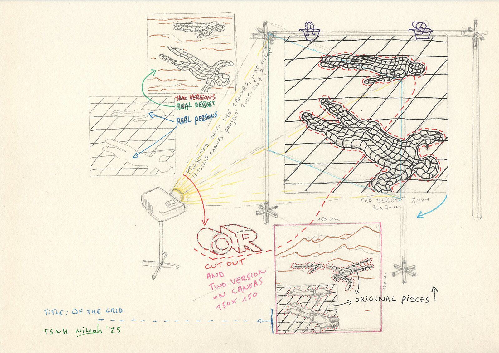 Off the grid, concept drawing (process) — sketch of an installation with a projected canvas: two grid figures on a perspective grid, with arrows, notes, measurements, and small image variations.