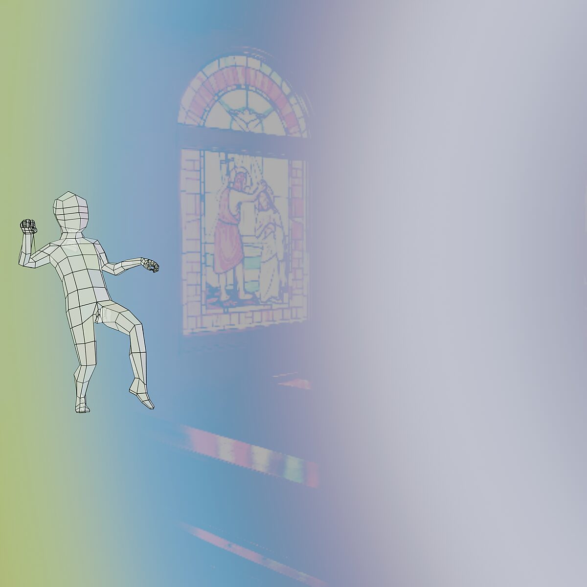 Virtual grids, process test — digital grid figure in first movement pose in front of a blurred stained-glass projection.