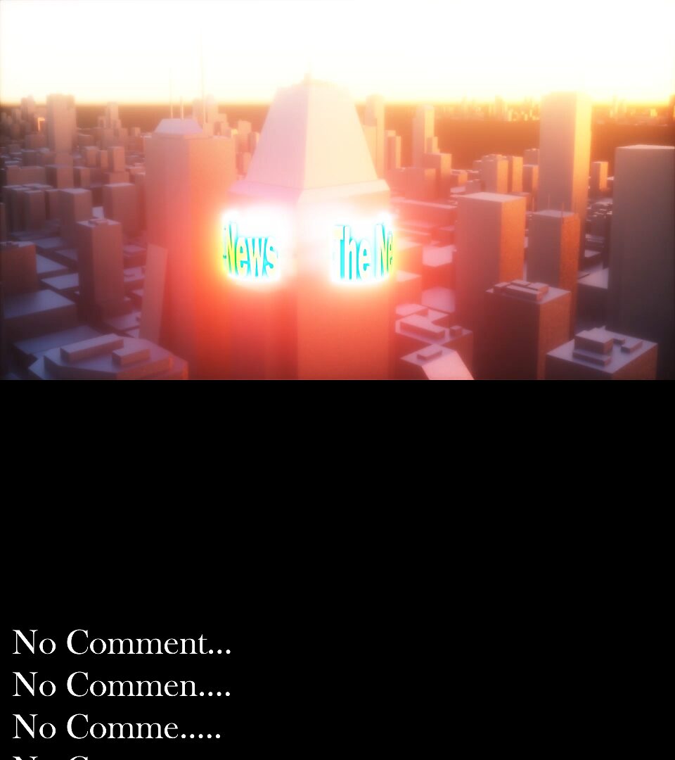Apocalyptische nieuwsombuigingen — videostill 3D-animatie: bij zonsopgang licht het paneel met “The News” fel op boven de stad, terwijl onderaan herhaalde regels “No Comment…” zich opstapelen.