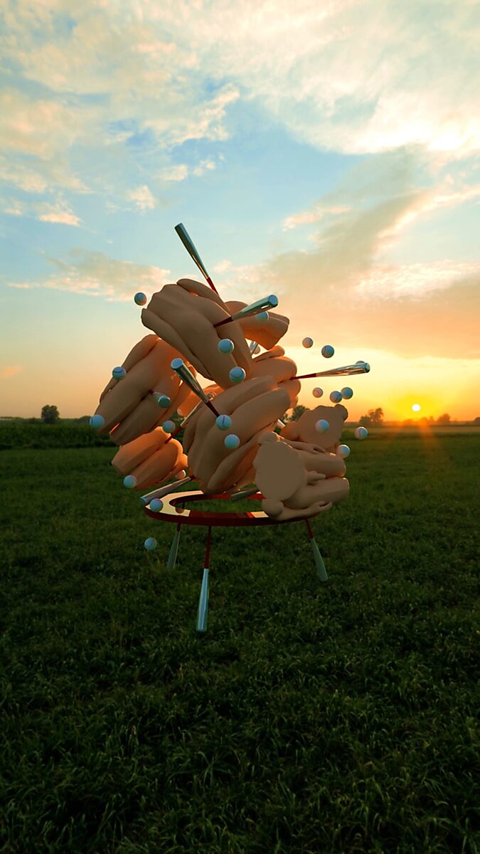 Butt’s, Bats and Balls — videostill uit een 3D-animatie waarin afgeknotte mannelijke lichamen samenklonteren tot een instabiel geheel van lichamen, honkbalknuppels en zwevende honkballen, geplaatst in een open landschap bij zonsondergang.