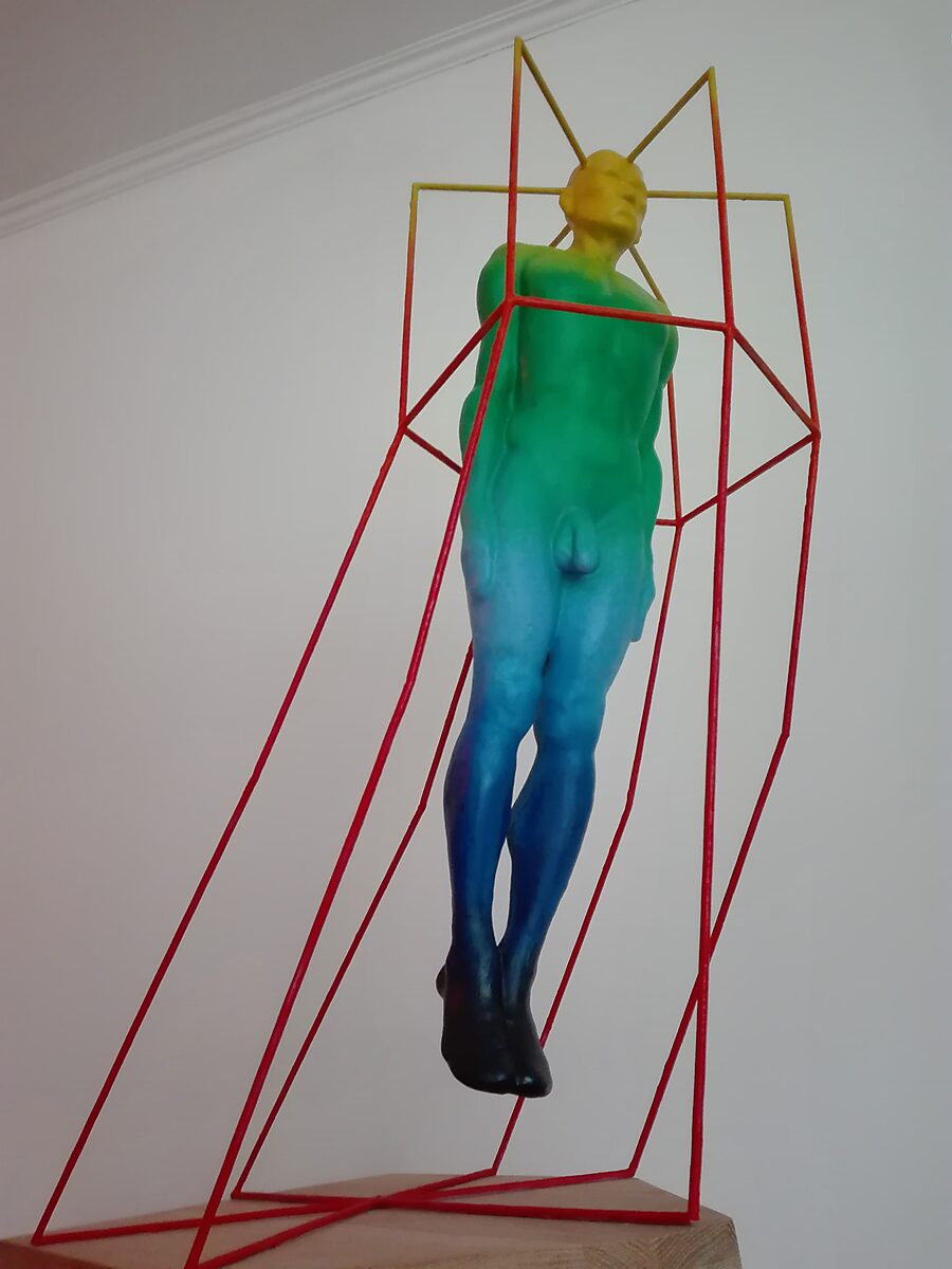 Mindcaging — close-up of the upper body and geometric frame, where the lines surrounding the head form a visual metaphor for mental confinement.