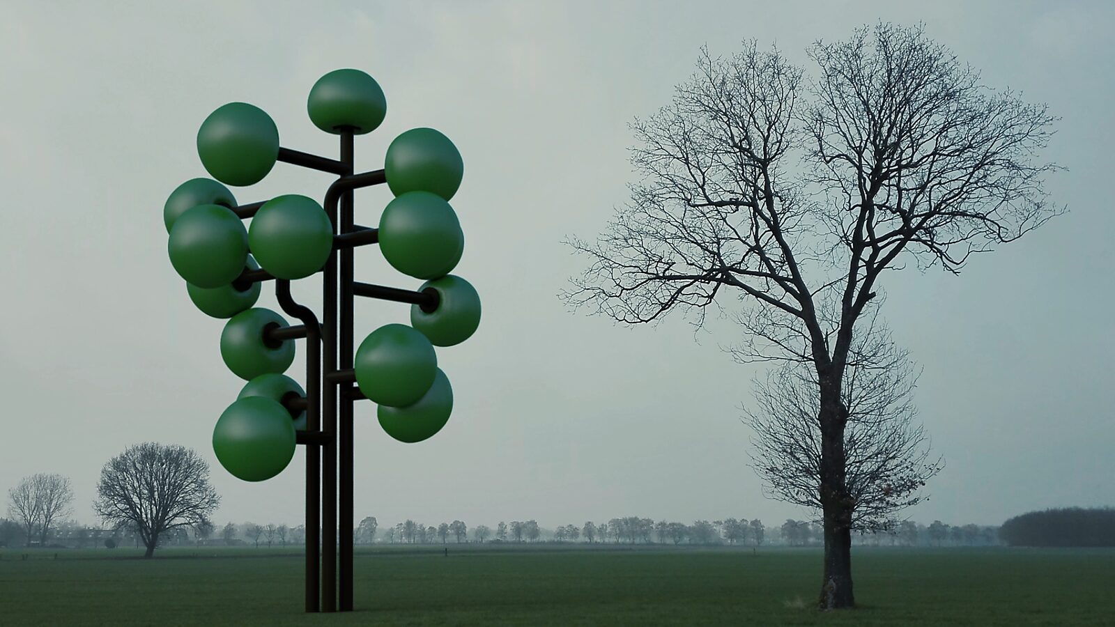 Airy Trees — Artificial Pains of Growth, 3D animation videostill: next to a bare tree the black tree structure grows denser with larger green spheres gathering around its branches.