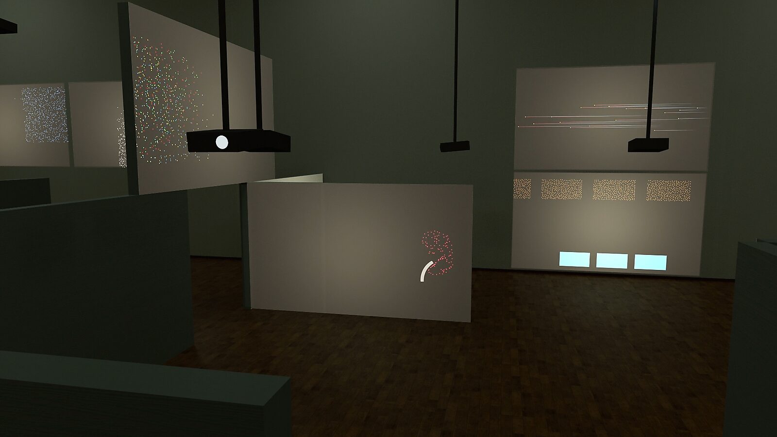 Virtual Transformation — Form of a Passage — video still of a 3D animation in which individual projections show different stages of clustering and movement within a spatial installation.