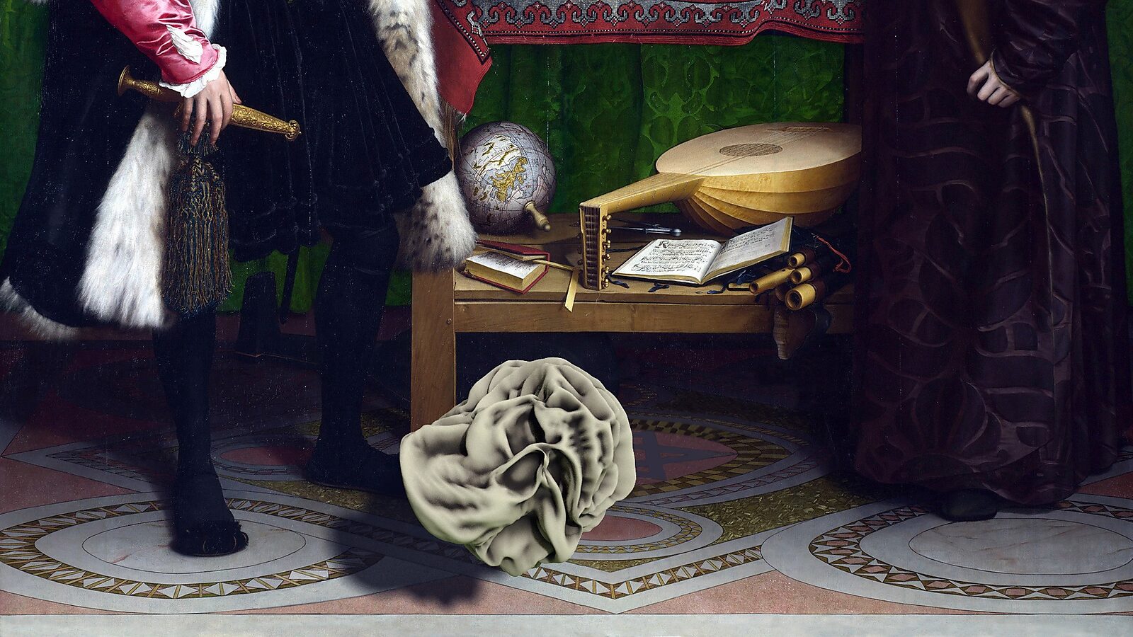 Virtuele transformatie — De ongrijpbare schedel — videostill van een 3D animatie waarin een geplooide vorm zich ontvouwt tot een schedel, als een hedendaagse herinterpretatie van de verborgen doodssymboliek in De ambassadeurs.