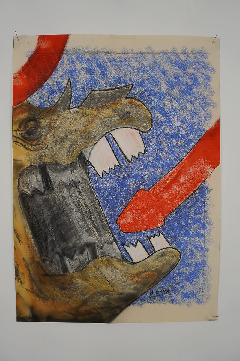 Handtekening van een neushoorn — Signature of a Rhinoceros — procesfoto: Rhino’s Revenge wordt aangepast en verder getekend, de neushoornkop krijgt nieuwe schilderlagen.