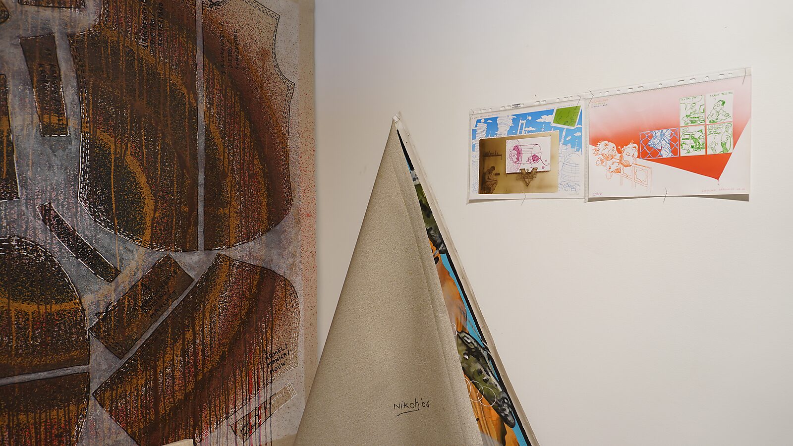 Exhibition view — Transformation Studio no.1: warm or cold, CC De Adelberg (2024) — corner of the space with a large painting, an upright reversed canvas and two Google drawings on the wall.