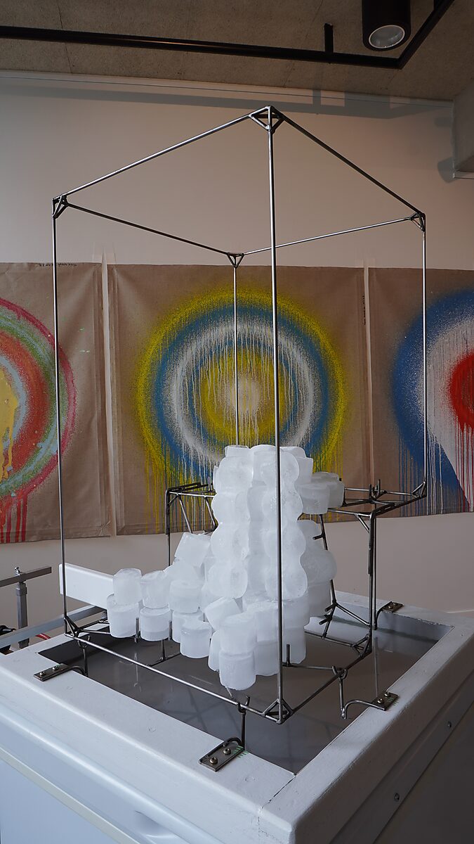 Entropic Sculpture No. 2 — Transformation Studio No. 1: Warm or Cold, growing accumulation of ice forms around the metal frame during the freezing process.