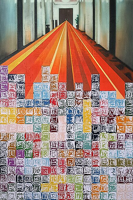 Variations in Difference — painting combining a perspectival corridor with a grid of colourful square forms, creating tension between architectural depth and abstract surface.