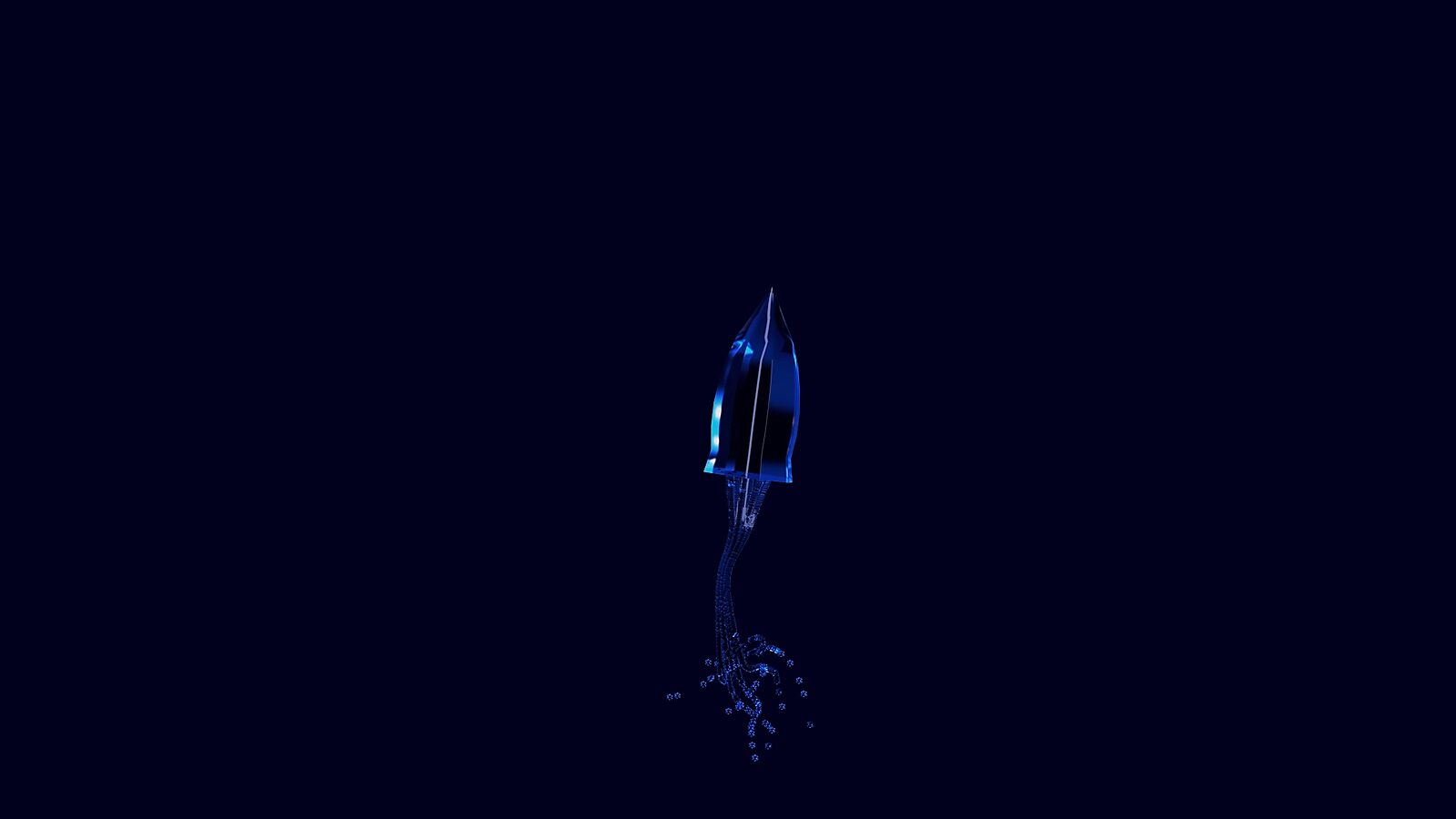 Virtuele transformatie — Jelly Umbrella: videostill uit een 3D-animatie; de kwalvorm wordt compacter en stijgt op, met tentakels die samentrekken tot een bundel van glinsterende druppels.