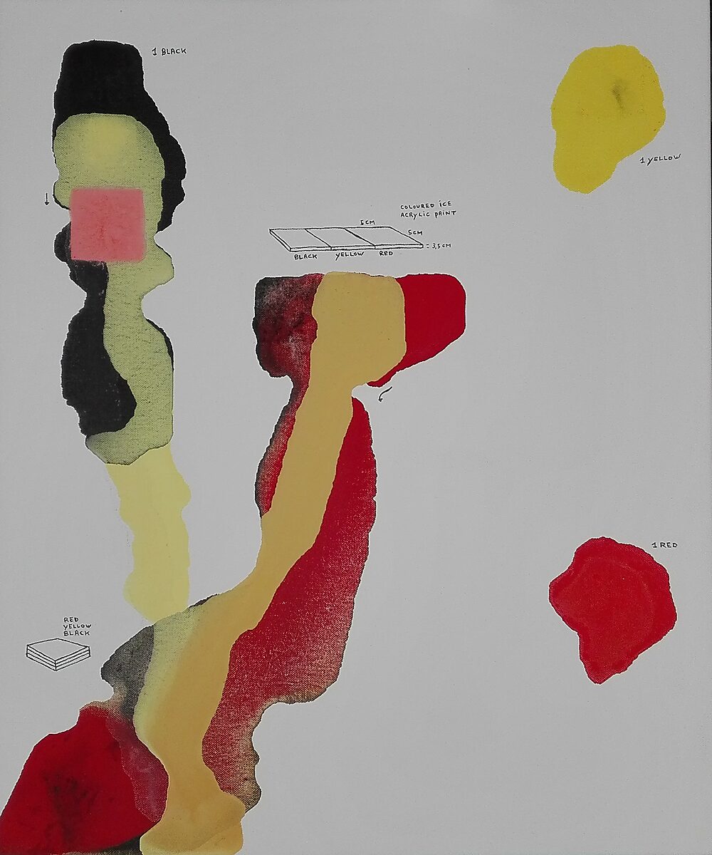 Smeltende composities — schilderij met uitlopende kleurbanen waarin de pigmenten van het smeltende ijs zich mengen en verspreiden over het doek.