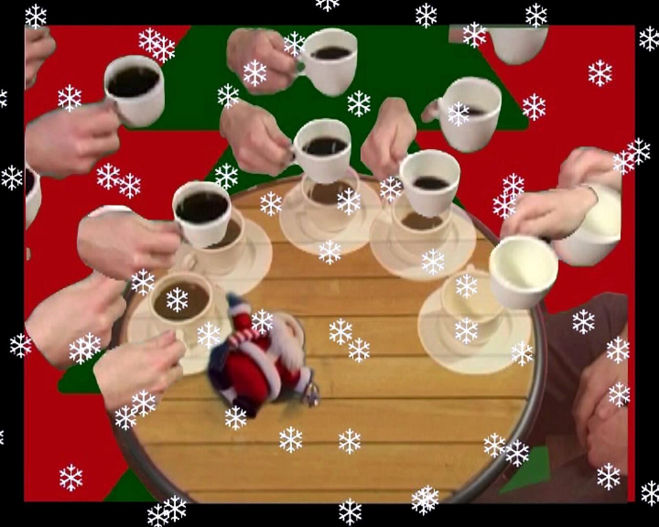 Movement and Stillness — Drinking a Cup of Coffee in 180° — video still in which snowflakes fall across the image while the coffee cups continue moving around the table.
