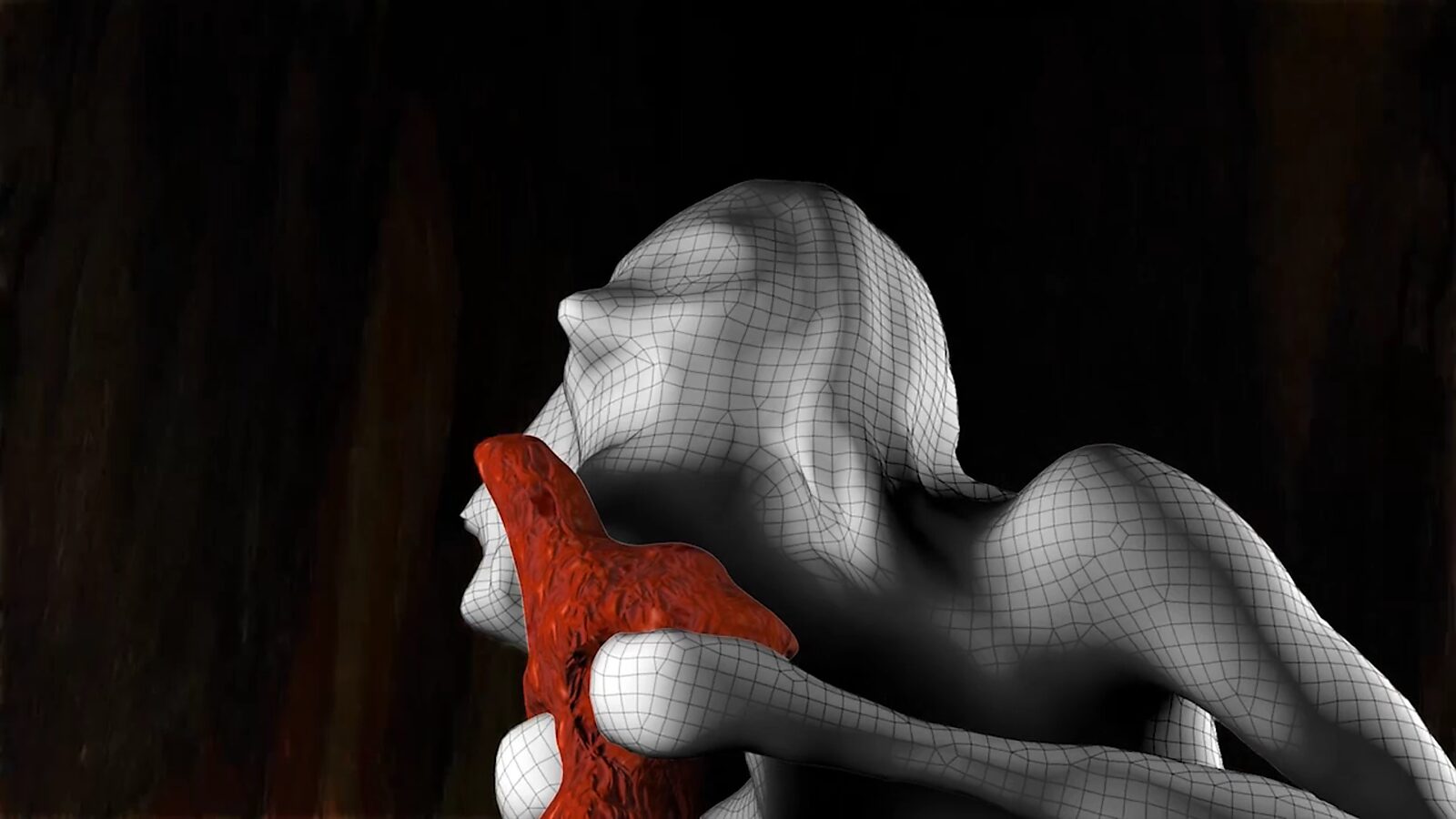 Saturn.exe — video still from a 3D animation showing a rasterized digital figure based on the Saturn sculpture holding a red organic object against a dark background.