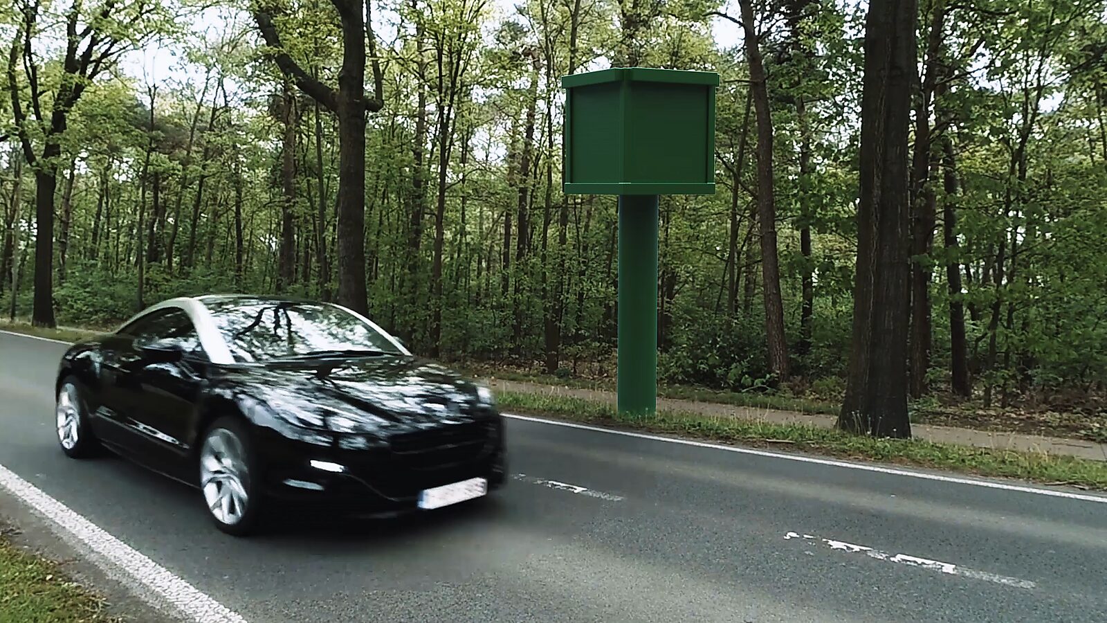 Between Open and Closed — videostill from the animation Buddha on Speed: a green pole with a closed box on top stands beside a forest road as a car drives past.