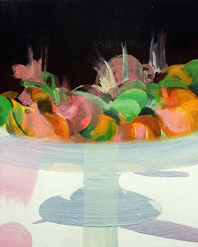 Slow Paintings — The Fruit Bowl — oil painting in which the fruits seem to glow beneath a dark upper field; the bowl casts a soft shadow while upward and downward brush traces stretch the moment in time.