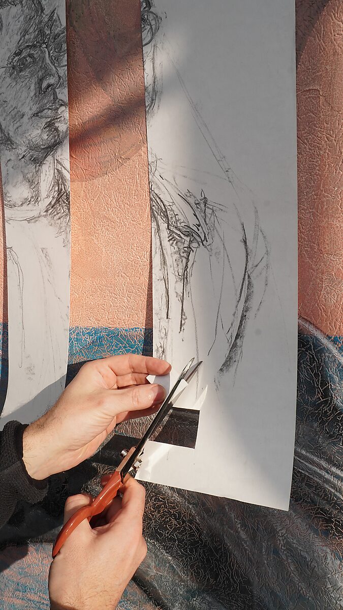 Naming–Value Butterflies — process drawing: self-portrait study (1995), Captured (2026) — scissors cut a small piece of paper from the vertical strip of the drawing.