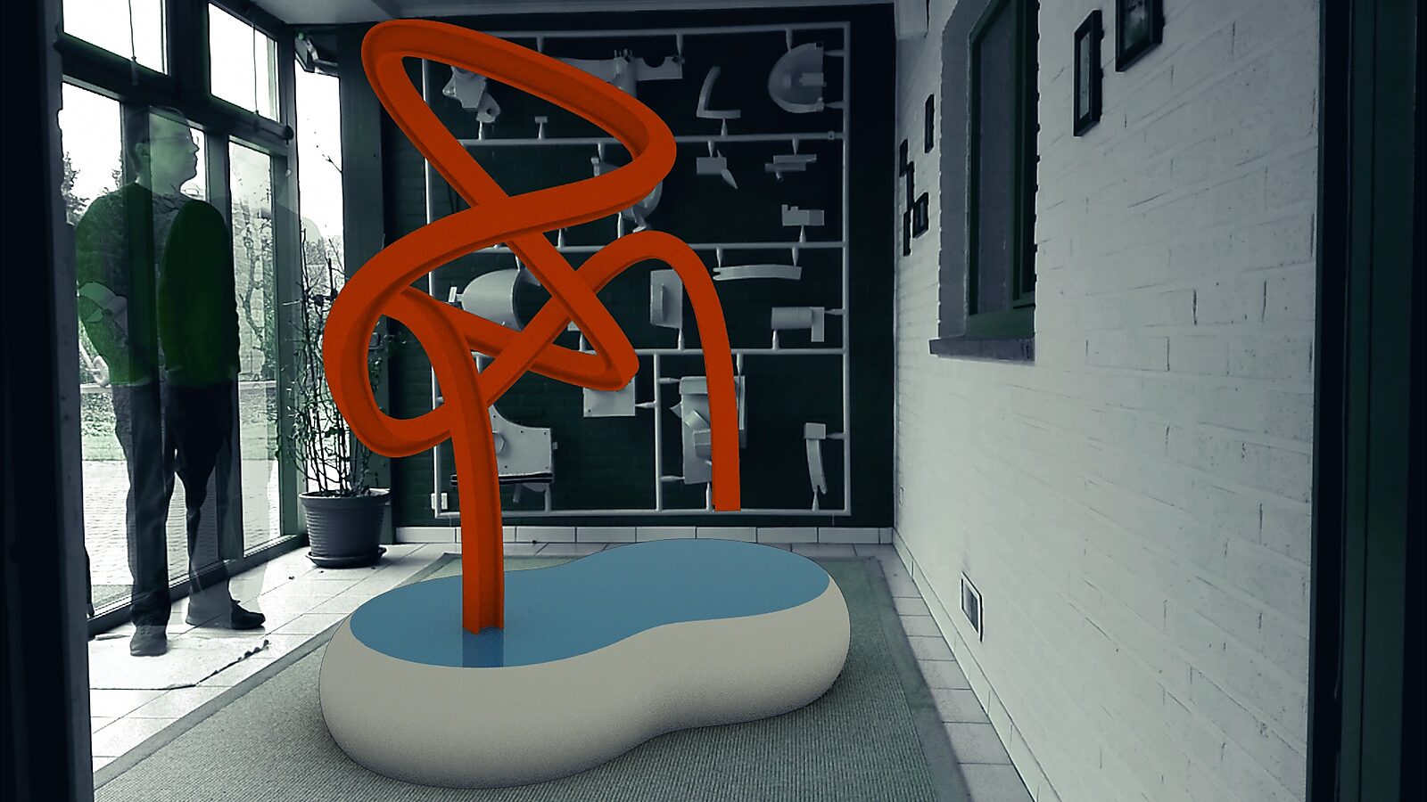 IJzerschets — videostill waarin de getekende structuur tijdelijk stolt tot een sculpturale configuratie in de architecturale omgeving.