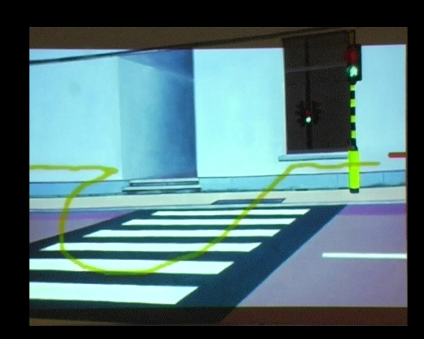 Living Canvas — “Happy Beating Heart” versus “The Whistlers” — video still in which a green line is drawn across the zebra crossing as a trace of movement in the street scene.