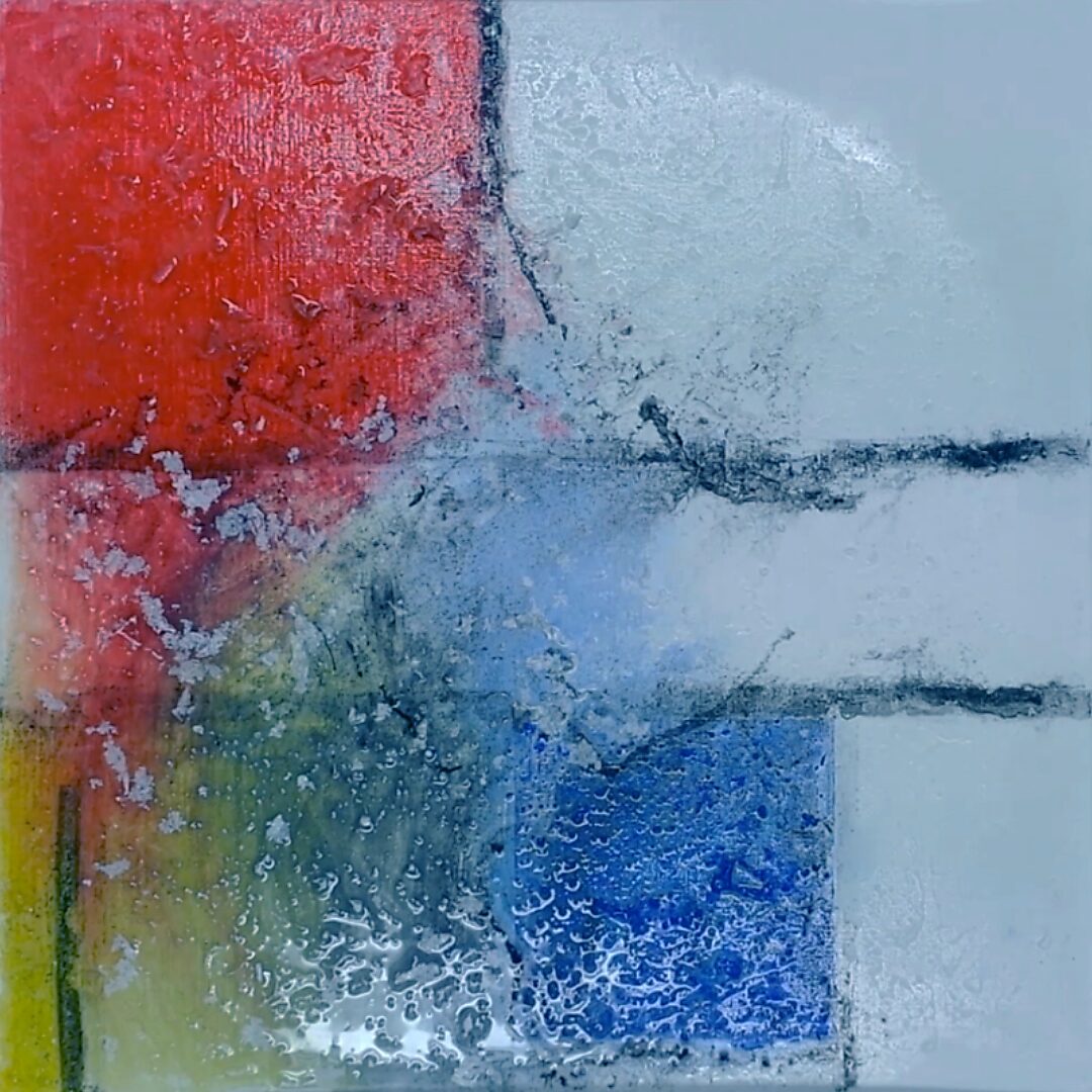 Back to Nature with Piet Mondrian No. 1.2 — final process stage; remaining meltwater and pigment form transparent colour traces within the grid.