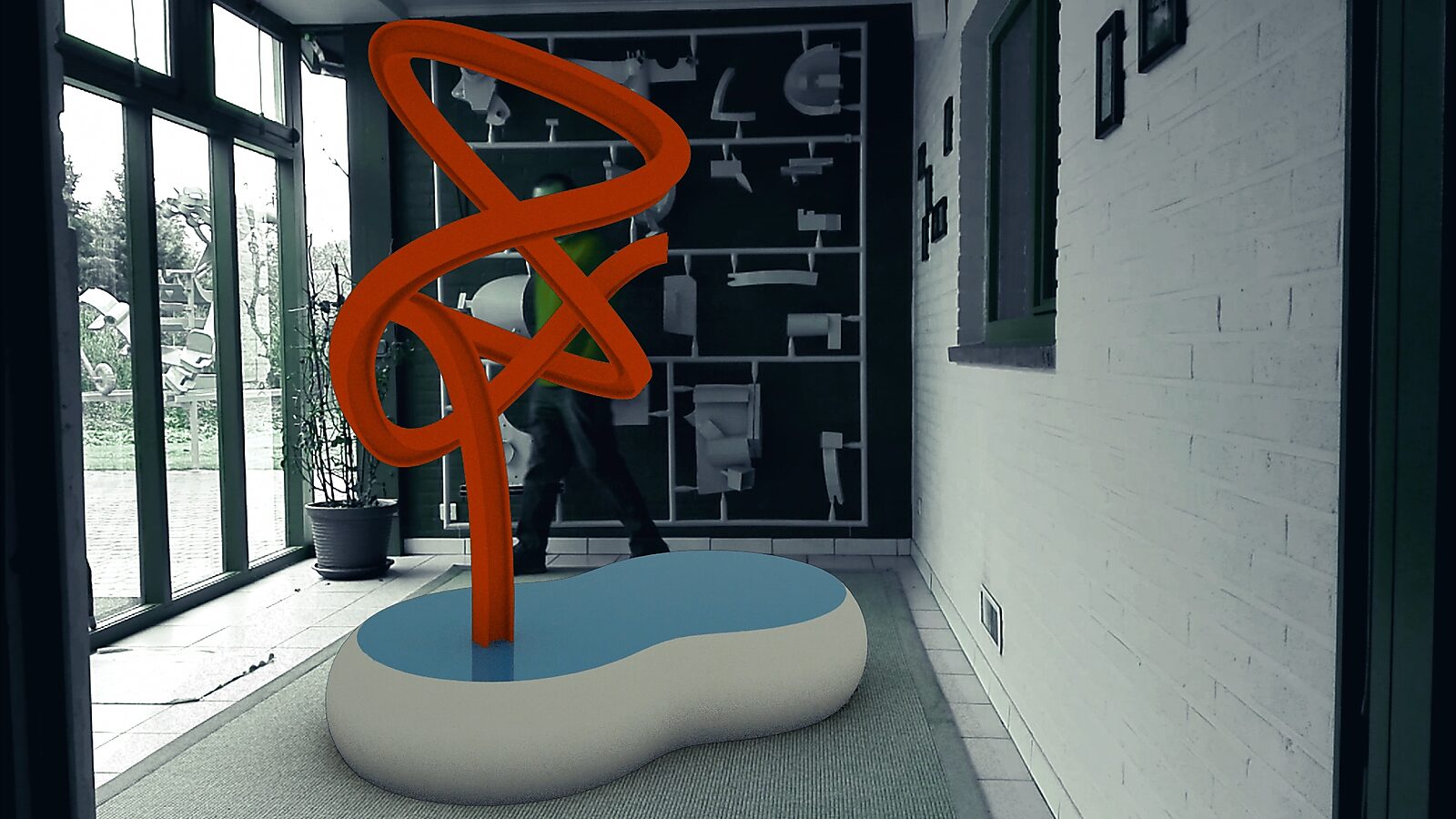 Iron Sketch — video still in which the red line develops into a complex continuous form twisting through space.