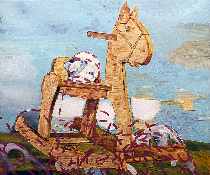 Slow Paintings — Skull and Rocking Horse — oil painting in which the wooden horse stands centrally among rounded forms and falling short brush marks; skull motifs appear fragmented within the landscape.