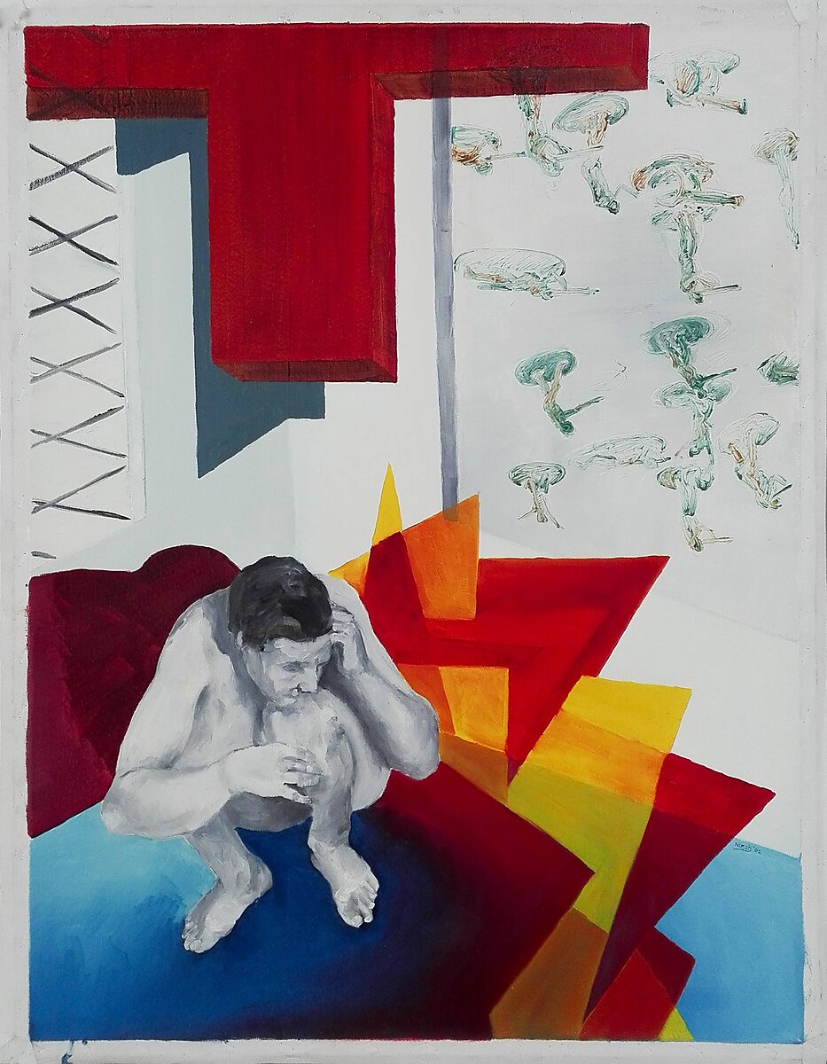 Paintings.zip, The Cross — a crouching figure appears in a space with red and yellow geometric structures; on the right floating brush-like forms appear as fragments of movement in the image field.