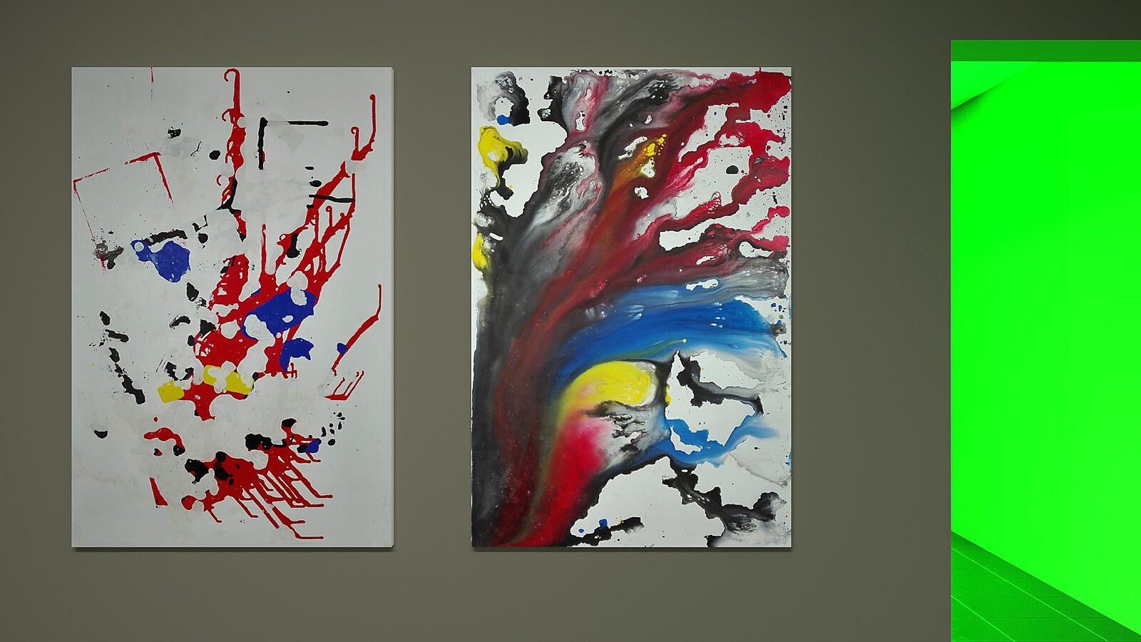 Terug naar de natuur met Piet Mondriaan nr. 2 en nr. 3 — twee schilderijen uit nr. 2 hangen naast elkaar in een tentoonstellingsruimte, met een felgroen verlichte doorgang naar een andere zaal.