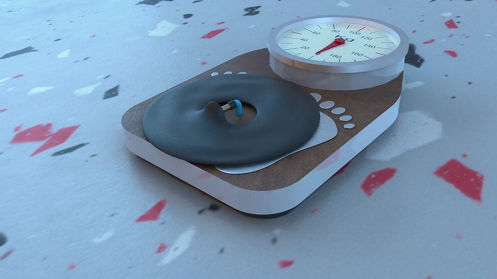 Het gewicht van lucht — videostill uit een 3D-animatie: een personenweegschaal met een zachte, donutvormige luchtzak die via een slangetje met de schaal verbonden is, waardoor lucht als meetbaar gewicht wordt voorgesteld.