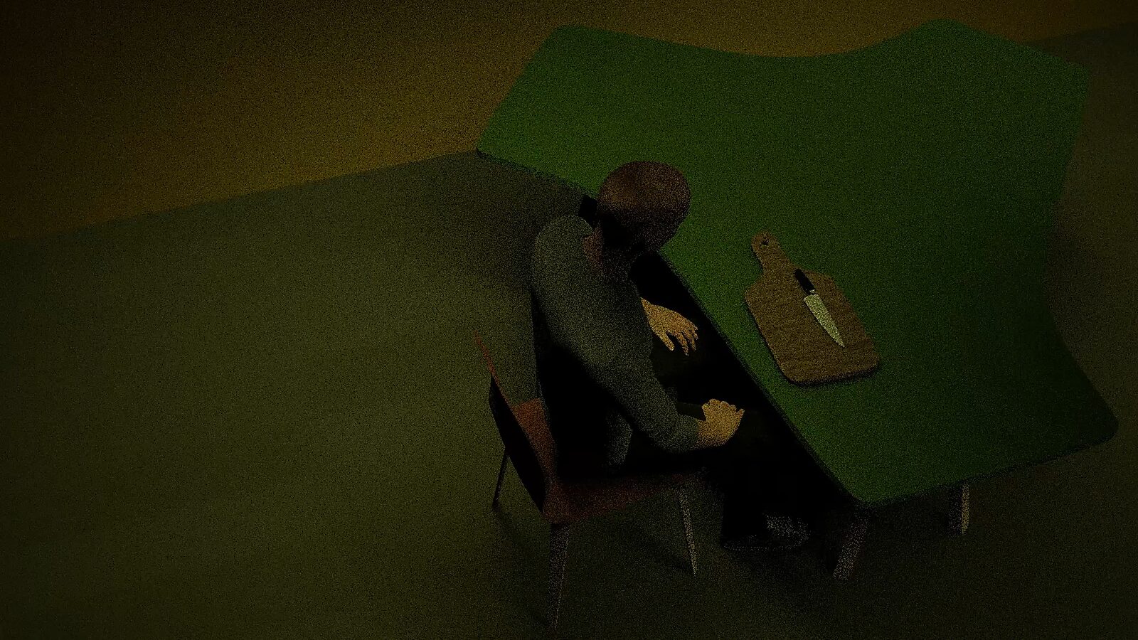 The Cutting Board — 3D animation videostill: a man sits at a green table with a wooden cutting board and a knife, in a bare, light-colored room.