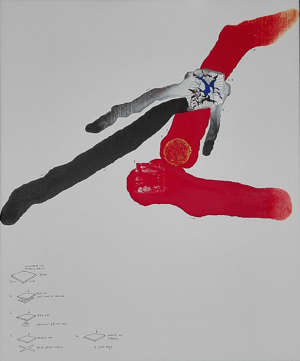 Smeltende composities — schilderij waarin brede rode en zwarte kleurbanen uitlopen over het doek, met een craquelé-achtige structuur en een kleine cirkelvormige verfzone als accent.