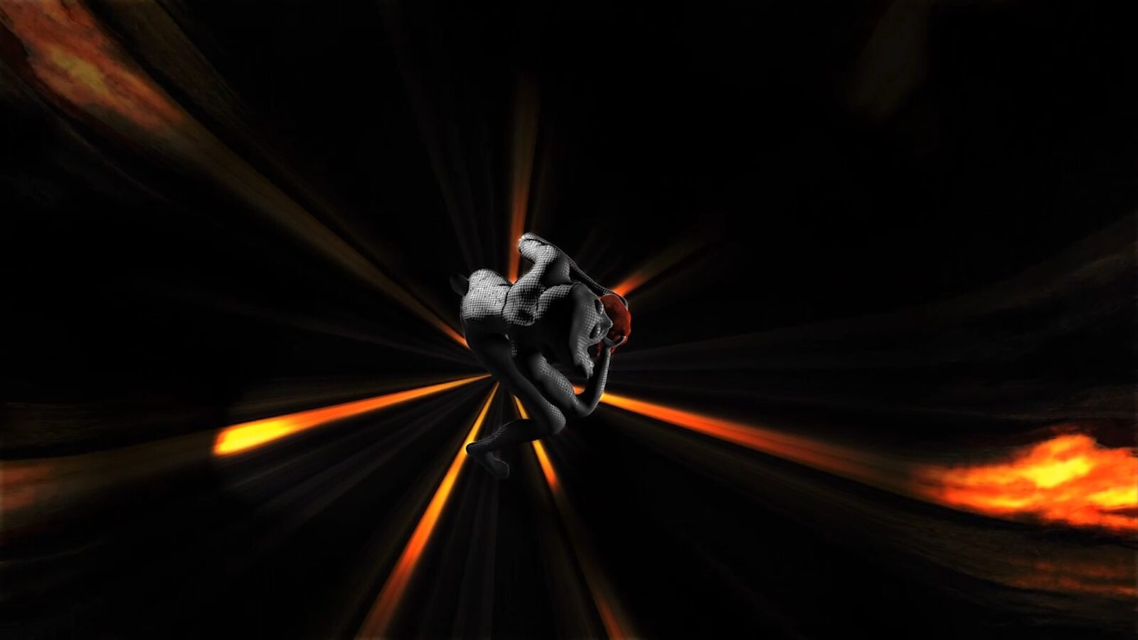 Saturnus.exe — videostill waarin de figuur kleiner in beeld staat, omgeven door uitwaaierende lichtsporen die aan planetaire ringen doen denken; de schaalverhouding benadrukt de eenzaamheid van het digitale lichaam in een oneindige, gesimuleerde kosmos.