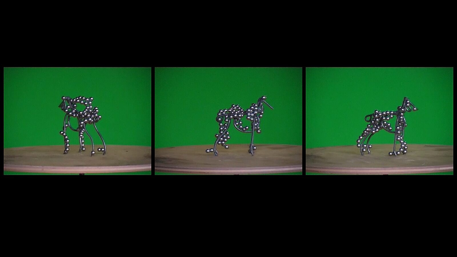 The Turning Dog, Multi-Shape Dog — video stills: wire dog partially covered with metal balls, form becoming denser and more voluminous.