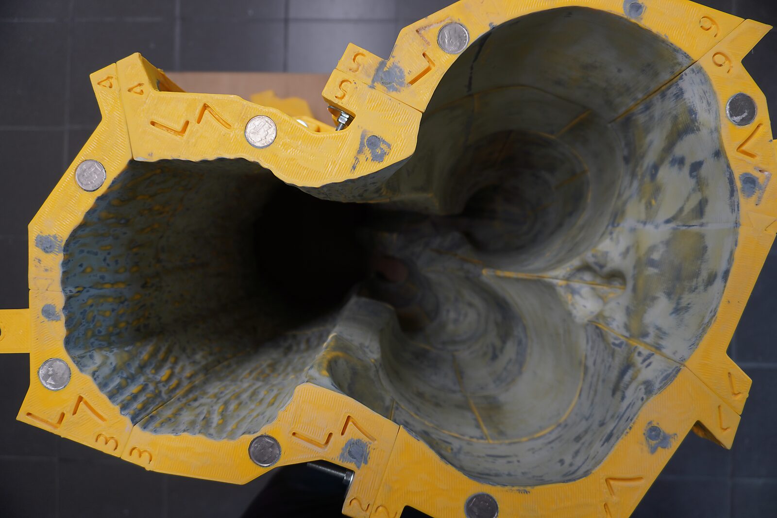 St. Sebastian with Birds No. 3 — process photo with a top view into the interior of the mould, showing the sanded surface of the form.