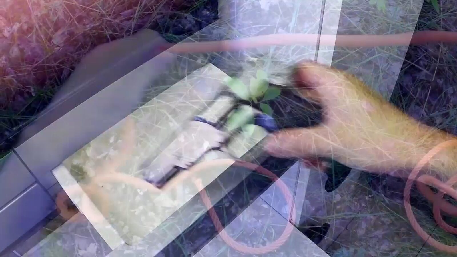 Imaginaire landschappen — videostill waarin een menselijke hand een klein object in een natuurlijke omgeving manipuleert, terwijl overlappende beelden wijzen op een voortdurende wisselwerking tussen maker, machine en omgeving.