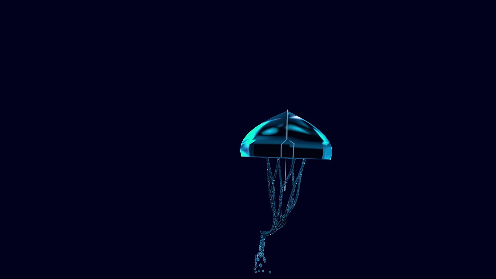 Virtuele transformatie — Jelly Umbrella: videostill uit een 3D-animatie; de structuur rekt zich uit en vervormt opnieuw, waarbij de lijnen van een paraplu en een kwal in elkaar overlopen in een vloeiende hybride vorm.