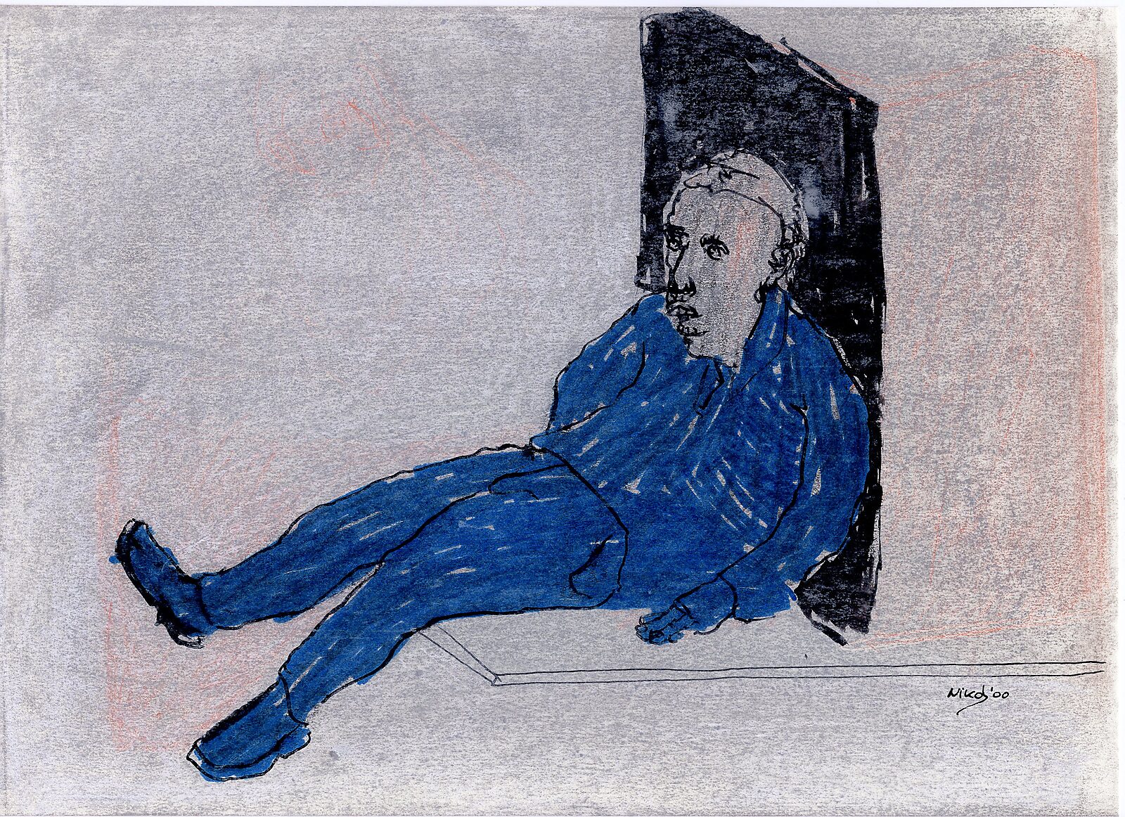 Tekeningen — Jaar 2000 — tekening van een liggende figuur in blauwe kleding die tegen een donker rechthoekig vlak leunt; de achtergrond is grijs gearceerd.